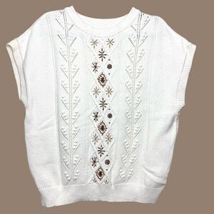 White Cream Knit Sweater Short Sleeve Sz M Brown Floral Embroider Minimalist
